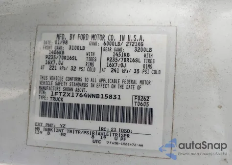 1998 Ford F-150 Lariat/Standard/Xl/Xlt from USA, damaged, VIN 1FTZX1764WNB15831